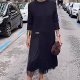 Women's Long Sleeve Sweater Dress Mesh Slit Maxi: Camel / XL