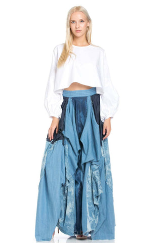 Gathered blue denim maxi skirt 