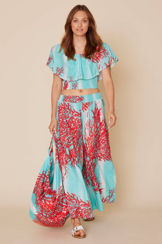 red and turquoise elastic waist palazzo pants
