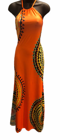 orange maxi dress with spiral design