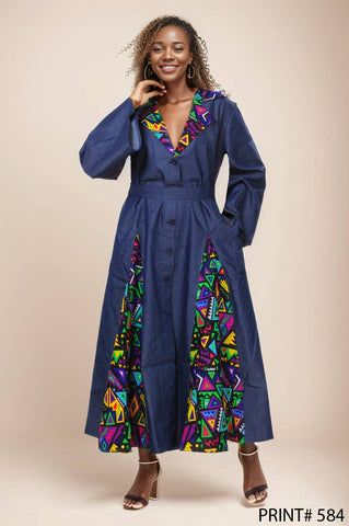 Women's Denim & Prints Collared Long Button Down Print Dress: Free Size / 584