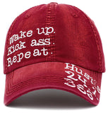 Wake up. Kick ass. Repeat. Vintage Ballcap: RED