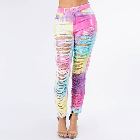 TIE DYE SLASHED STRAIGHT MOM JEANS-RJH3903: SMALL / UNICORN