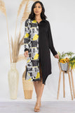 HH704R-NEWSPRINT -  Color Block Newsprint Midi Shirt Dress: XL / BLACK AND WHITE