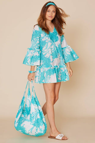 Turquoise Seas Bell Sleeve Dress with Tie Back in Blue Coral