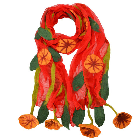 Orange Chiffon Scarves with Felted Flower Hanging