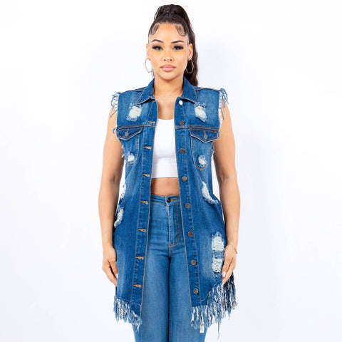 DISTRESSED LONG LENGTH DENIM VEST-RBT713: L / DARK BLUE / Junior