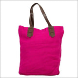 HOT PINK WOVEN SUMMER TOTE BAG WITH FAUX LEATHER HANDLE - 
